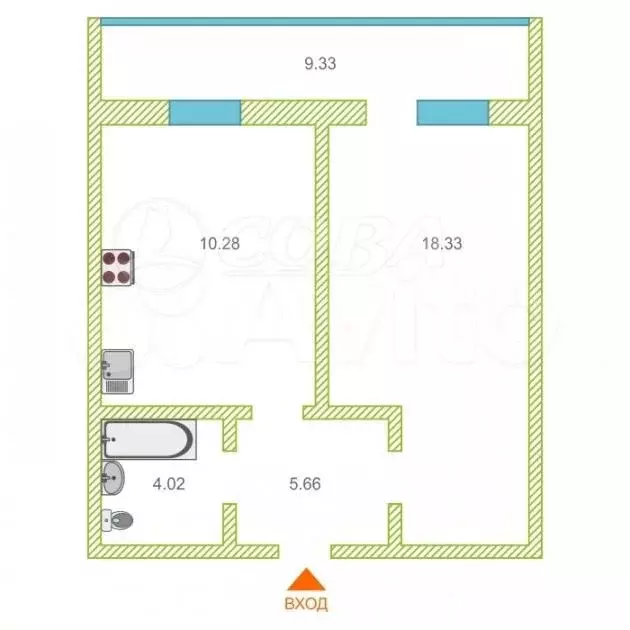 1-к. квартира, 36 м, 7/9 эт. - Фото 1