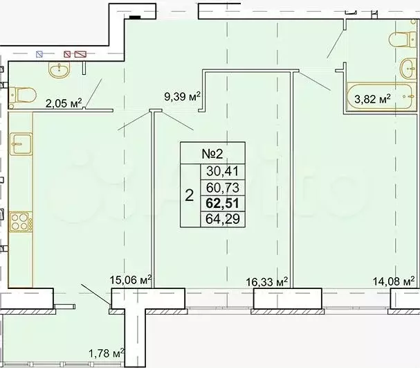 2-к. квартира, 62,5 м, 1/7 эт. - Фото 1
