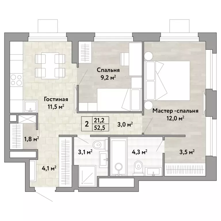 2-к квартира, 52.5 м - Фото 0