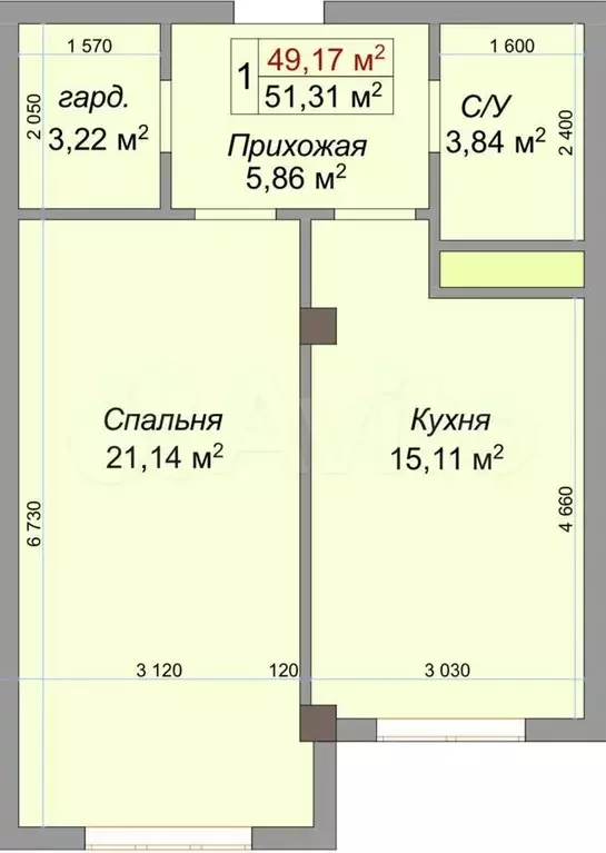 1-к. квартира, 51,3 м, 6/8 эт. - Фото 1