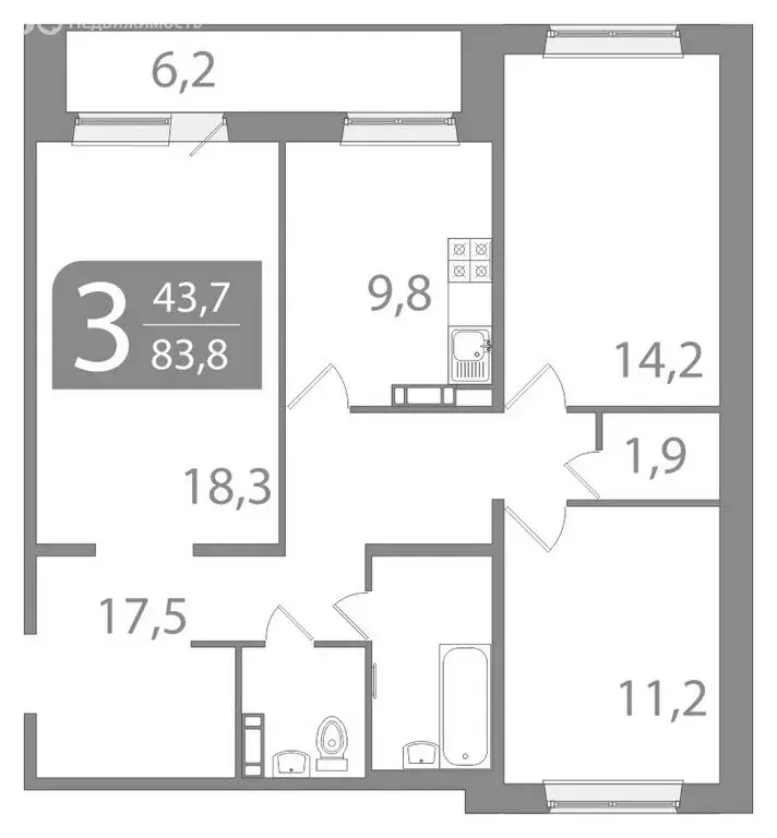 3-комнатная квартира: Томск, улица Пришвина, 46 (83.8 м) - Фото 1