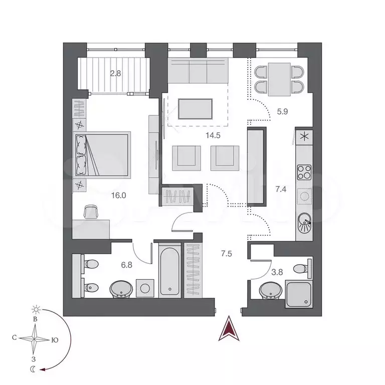 2-к. квартира, 61,9 м, 14/15 эт. - Фото 1