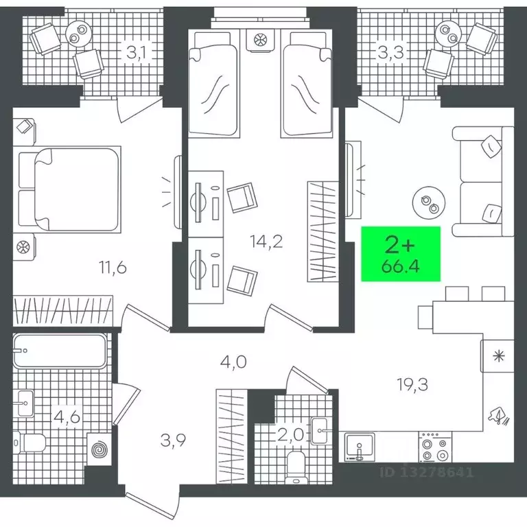 2-к кв. Тюменская область, Тюмень ул. Василия Малкова, 19 (66.46 м) - Фото 0