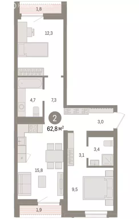 2-комнатная квартира: Новосибирск, улица Аэропорт (62.81 м) - Фото 1