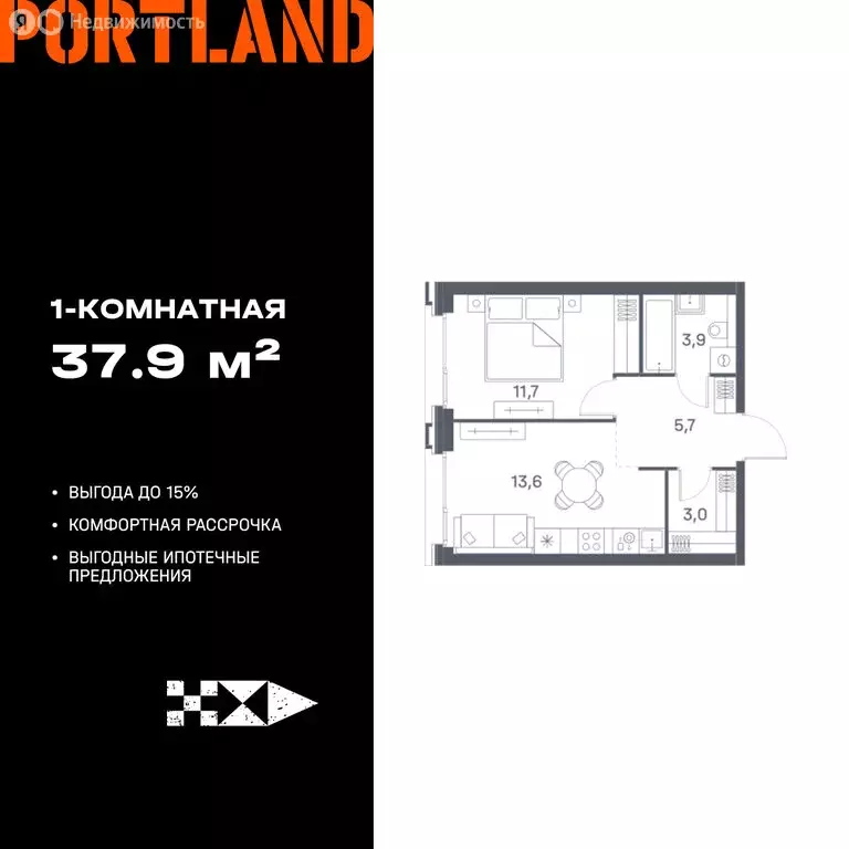 1-комнатная квартира: Москва, жилой комплекс Портлэнд (37.9 м) - Фото 0