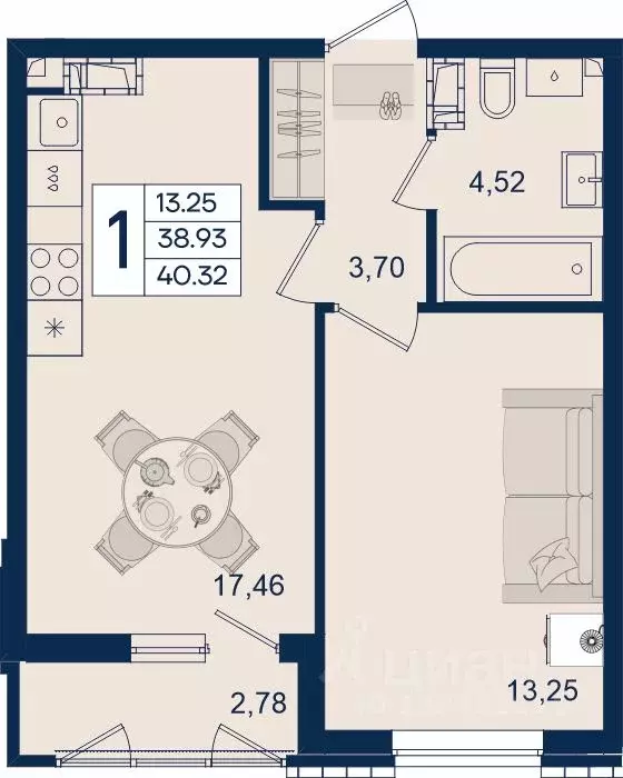 1-к кв. Краснодарский край, Краснодар  (40.32 м) - Фото 1