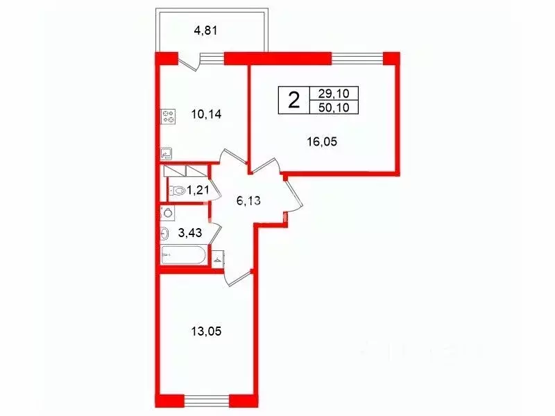 2-к кв. Санкт-Петербург ул. Летчика Лихолетова, 14к4 (50.1 м) - Фото 2