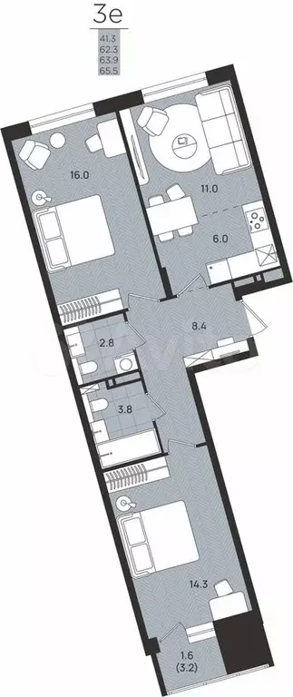 3-к. квартира, 63,9 м, 6/8 эт. - Фото 0