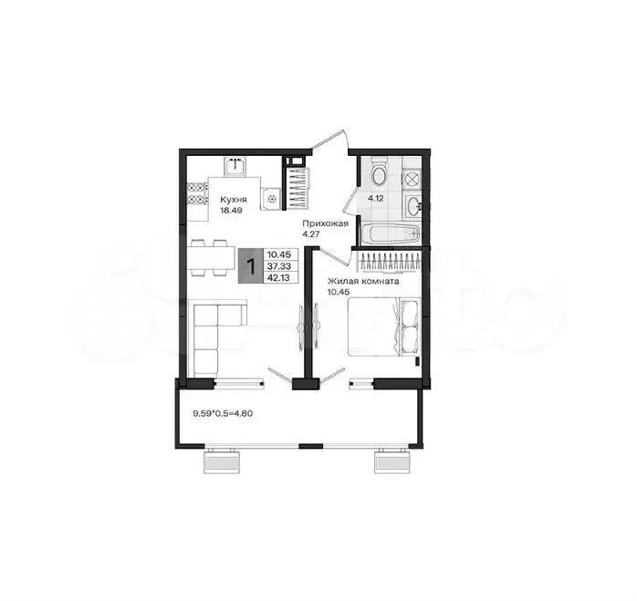 1-к. квартира, 42,1 м, 7/8 эт. - Фото 1