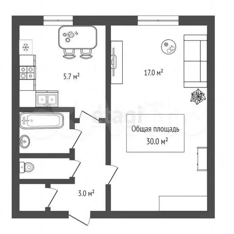 1-к. квартира, 30 м, 1/5 эт. - Фото 0