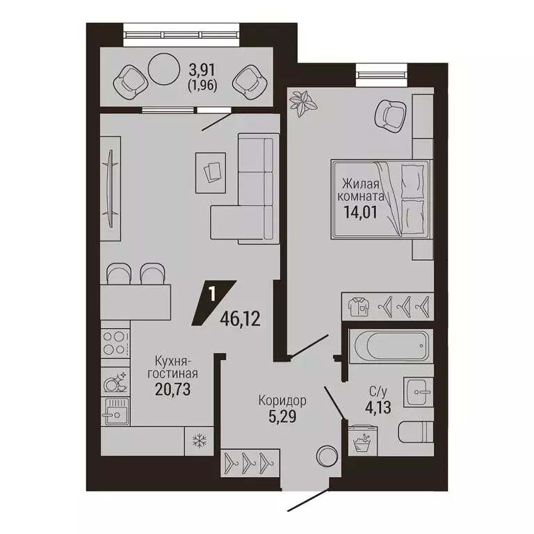 1-комнатная квартира: Екатеринбург, улица Энергостроителей, 7 (46.12 ... - Фото 1