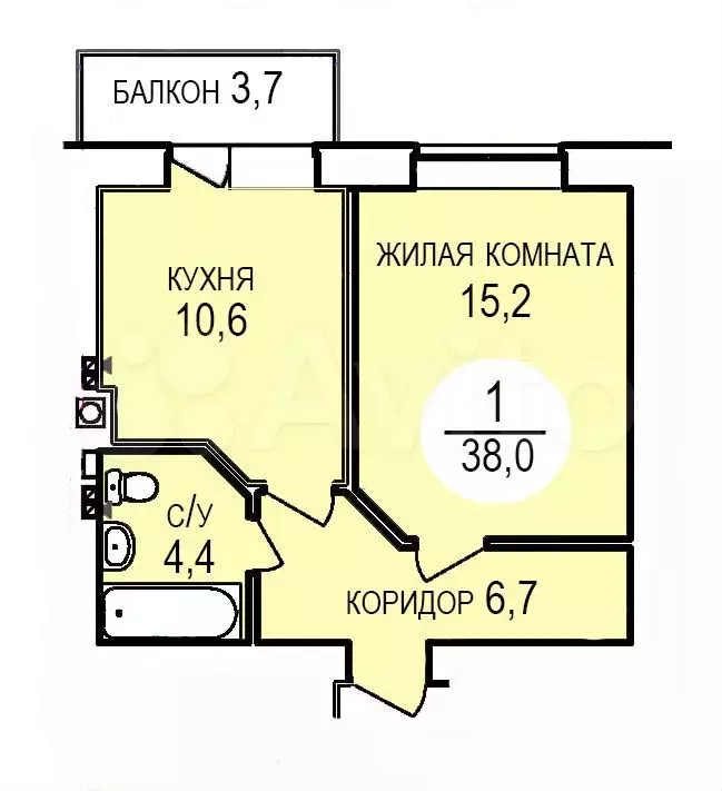1-к. квартира, 38,1 м, 5/5 эт. - Фото 0