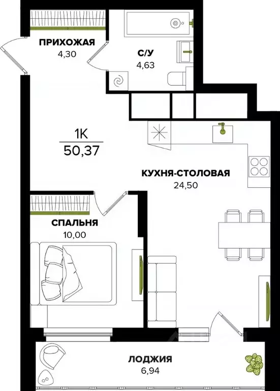 1-к кв. Тульская область, Тула ул. Академика Насоновой, 22 (50.37 м) - Фото 1
