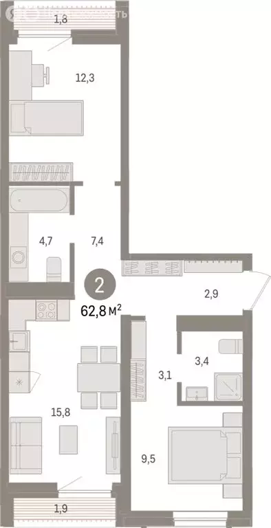 2-комнатная квартира: Новосибирск, улица Аэропорт (62.78 м) - Фото 1