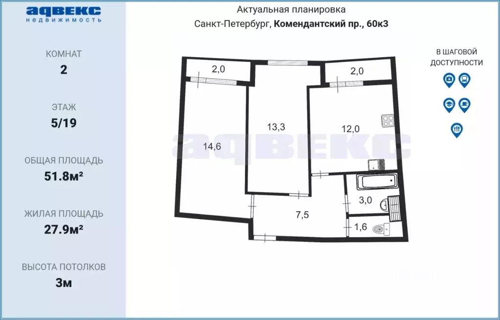 2-к кв. Санкт-Петербург Комендантский просп., 60к3 (51.8 м) - Фото 0