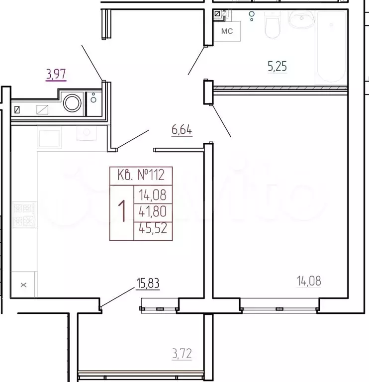 1-к. квартира, 45,5 м, 1/9 эт. - Фото 0