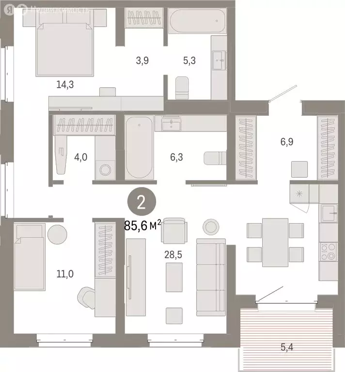 2-комнатная квартира: Тюмень, жилой комплекс На Минской (85.62 м) - Фото 1