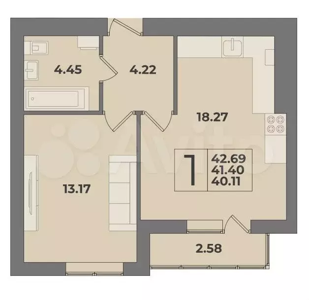 1-к. квартира, 41,4 м, 9/9 эт. - Фото 1
