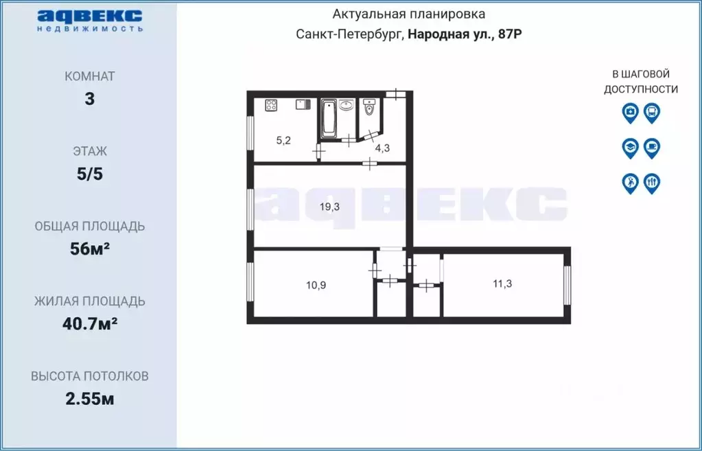 3-к кв. Санкт-Петербург Народная ул., 87 (56.0 м) - Фото 1