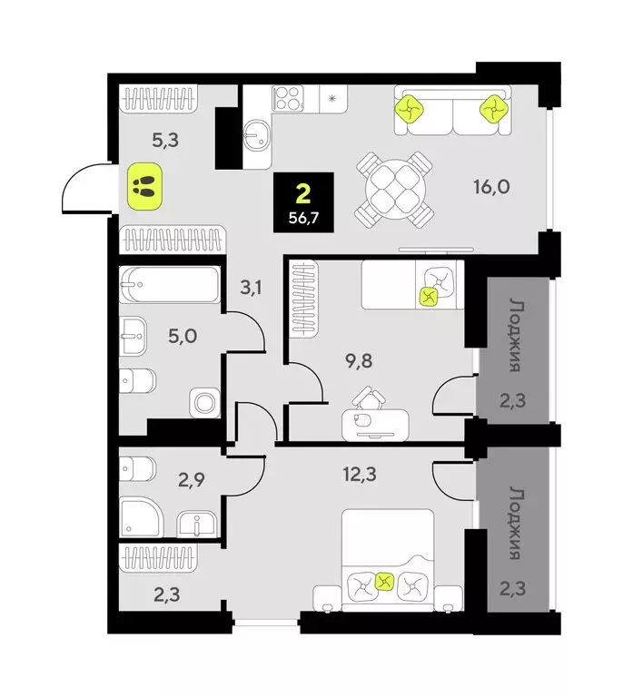 2-комнатная квартира: Тюмень, улица Разведчика Кузнецова, 9 (56.7 м) - Фото 1