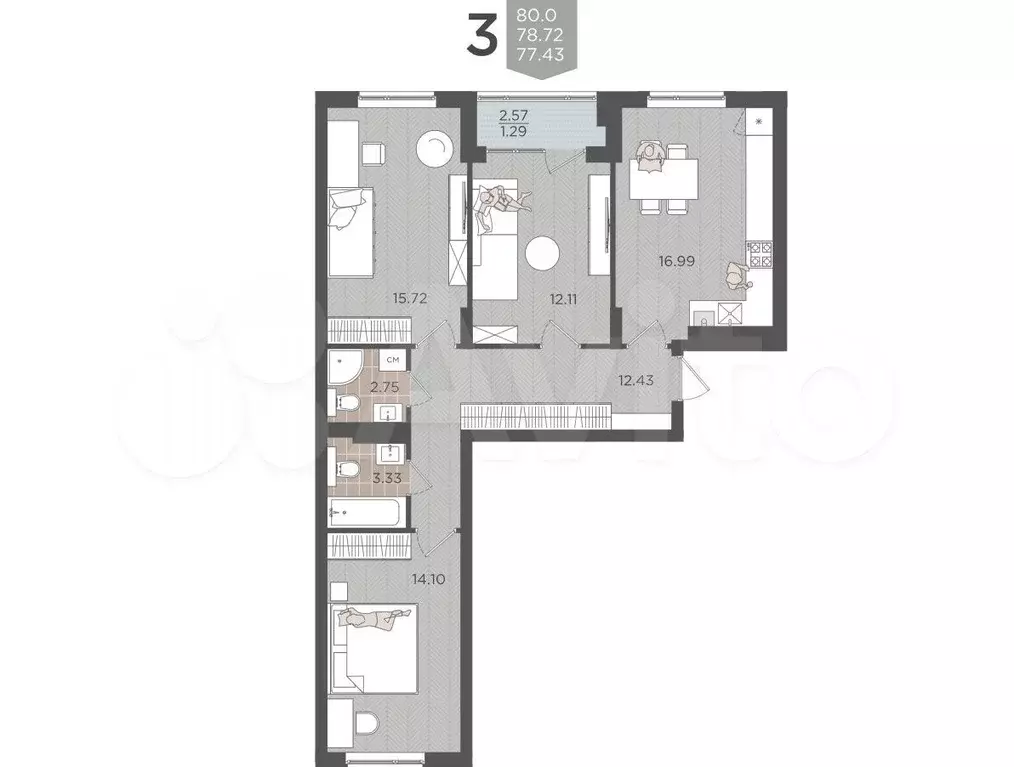 3-к. квартира, 78,7 м, 2/9 эт. - Фото 1