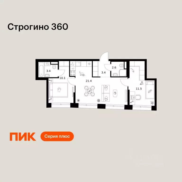 2-к кв. Москва Строгино 360 жилой комплекс, 1.2 (52.4 м) - Фото 1