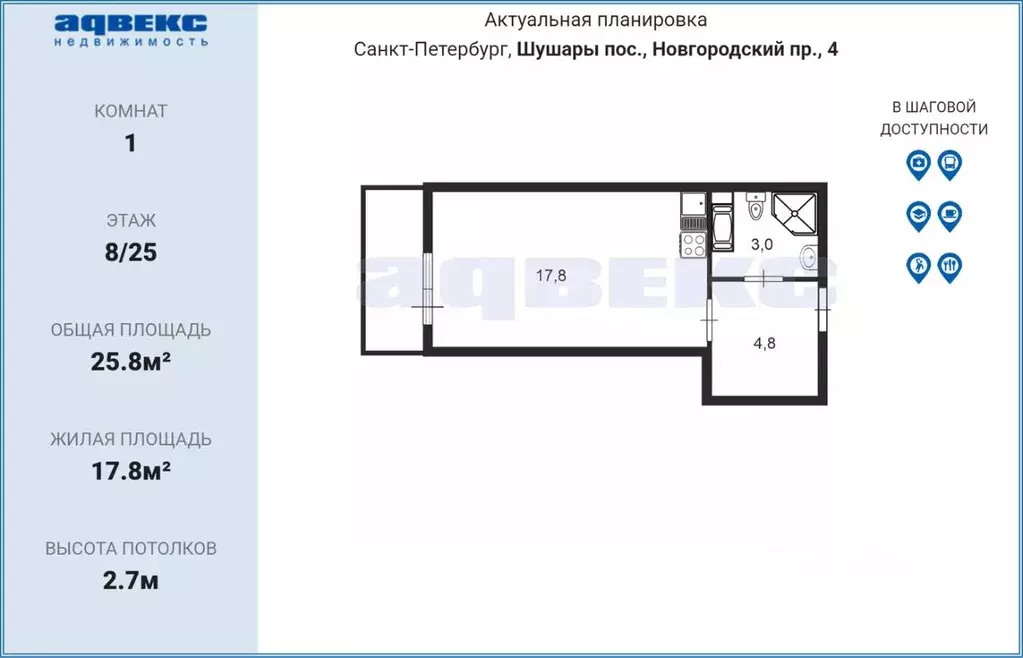 Студия Санкт-Петербург пос. Шушары, просп. Новгородский, 4 (25.8 м) - Фото 2