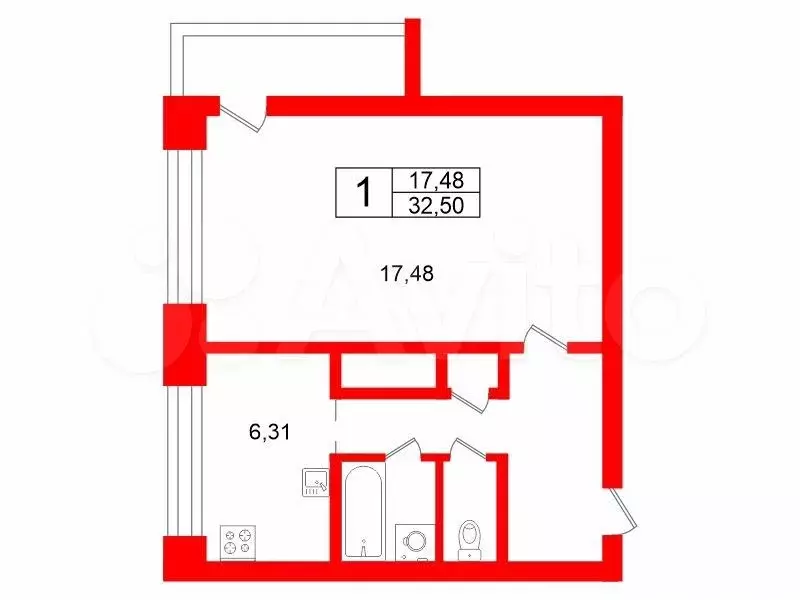 1-к. квартира, 32,5 м, 8/12 эт. - Фото 0