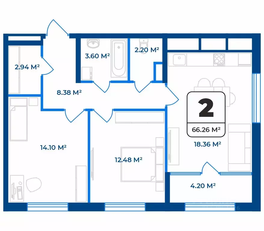 2-к кв. Рязанская область, Рязань Телецентр жилрайон,  (66.26 м) - Фото 1