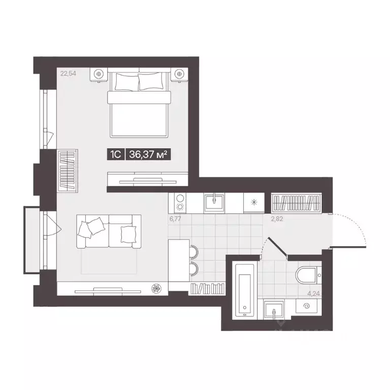 1-к кв. Кемеровская область, Кемерово ул. Гагарина, 141 (36.37 м) - Фото 1
