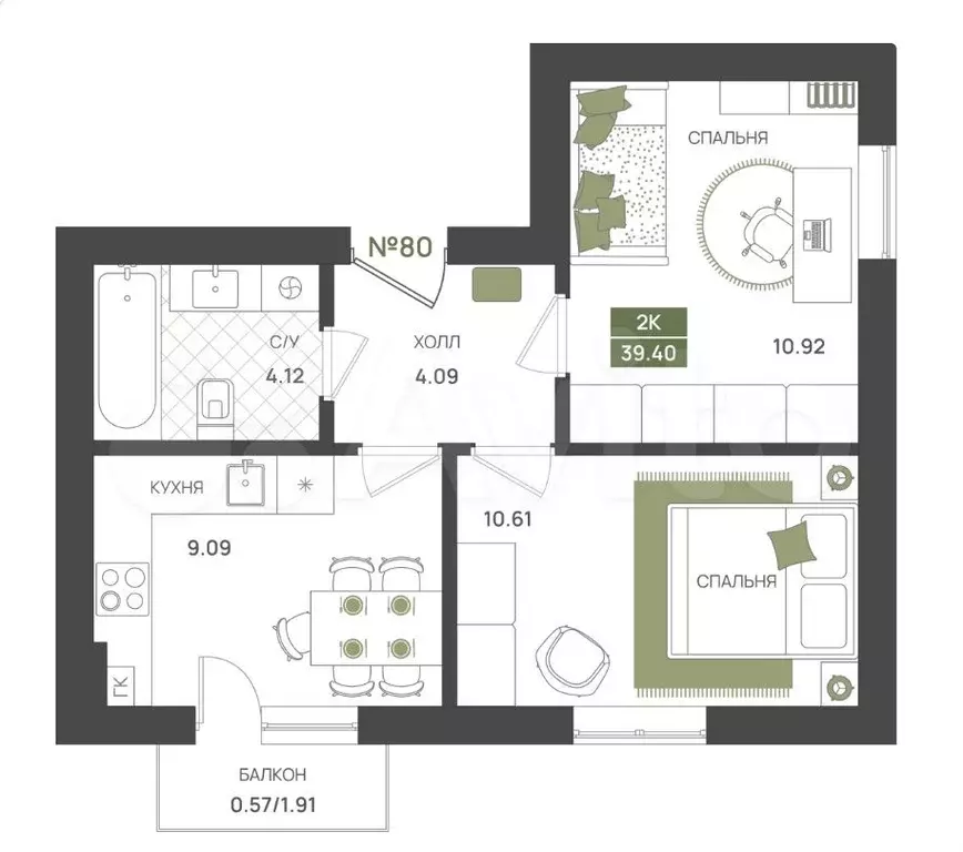 2-к. квартира, 39,4 м, 5/5 эт. - Фото 1