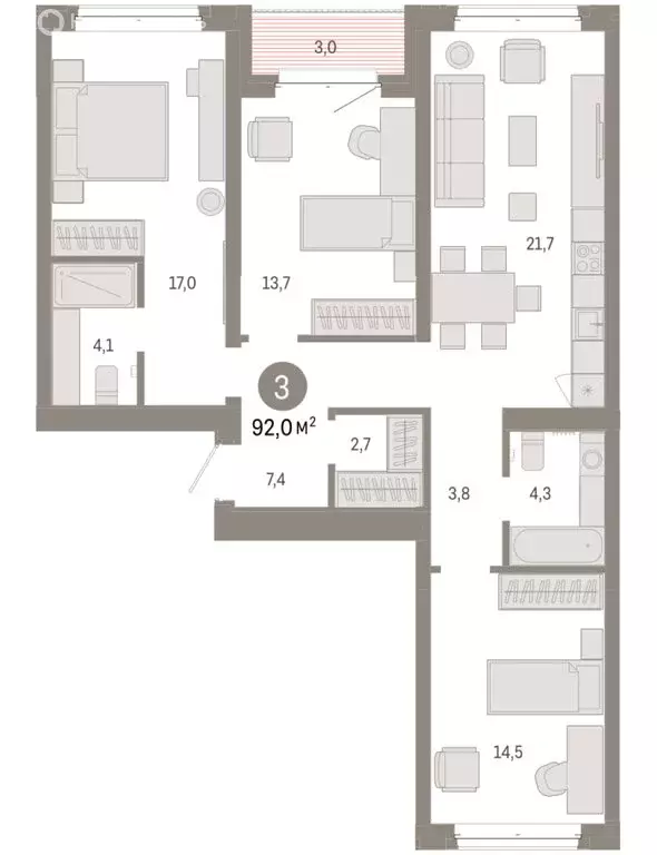 3-комнатная квартира: Тюмень, жилой комплекс На Минской (92.02 м) - Фото 1