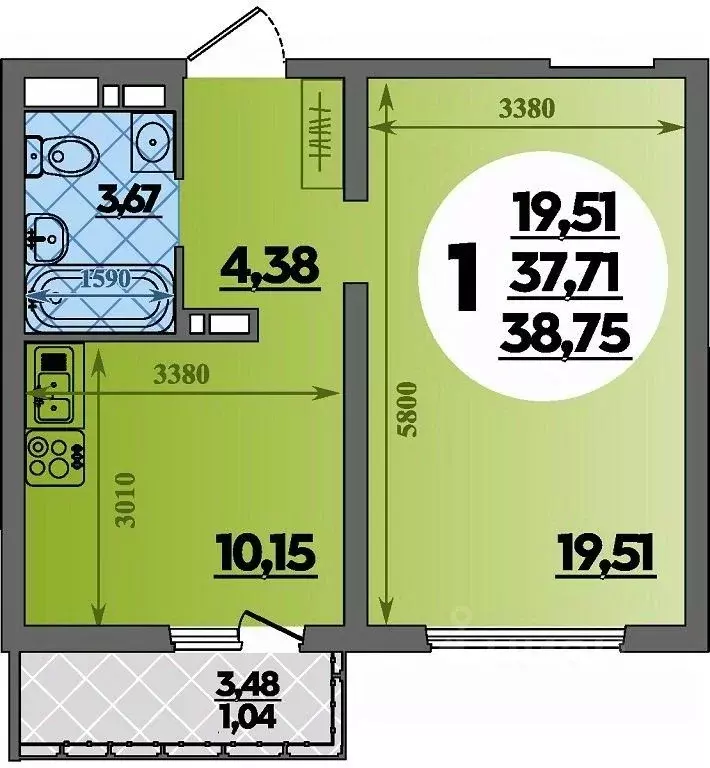 1-к кв. Адыгея, Майкоп  (38.75 м) - Фото 1