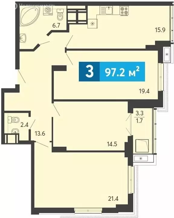 3-комнатная квартира: Засечное, Прибрежный бульвар, 2А (97.2 м) - Фото 0