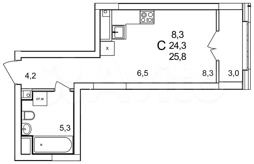 Квартира-студия, 25 м, 6/25 эт. - Фото 1