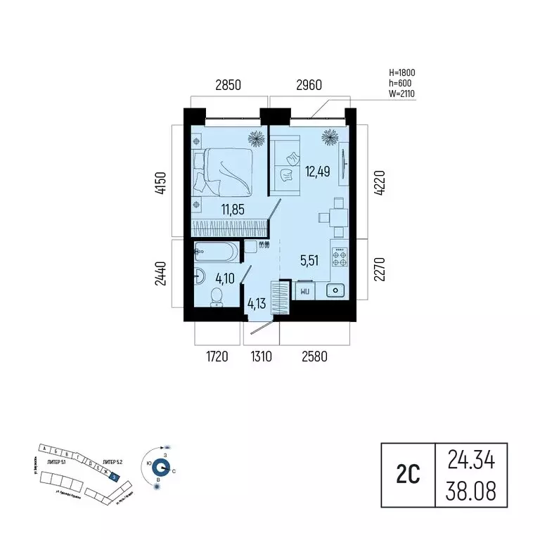2-комнатная квартира: Уфа, улица Рудольфа Нуреева, 7 (38.08 м) - Фото 1