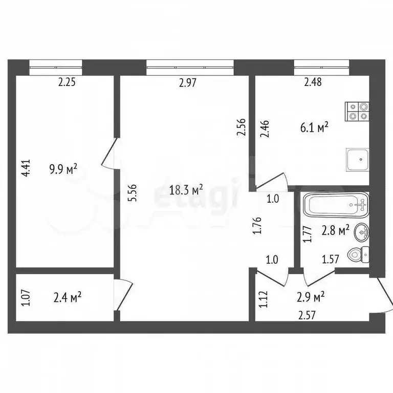 2-к. квартира, 42,4 м, 2/5 эт. - Фото 0