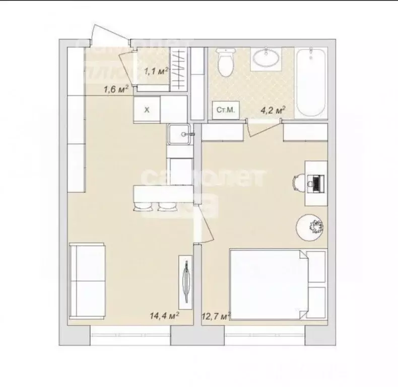 1-к кв. Московская область, Жуковский ул. Наркомвод, 31 (34.0 м) - Фото 1