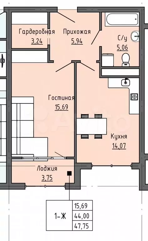 1-к. квартира, 47,8 м, 7/19 эт. - Фото 0