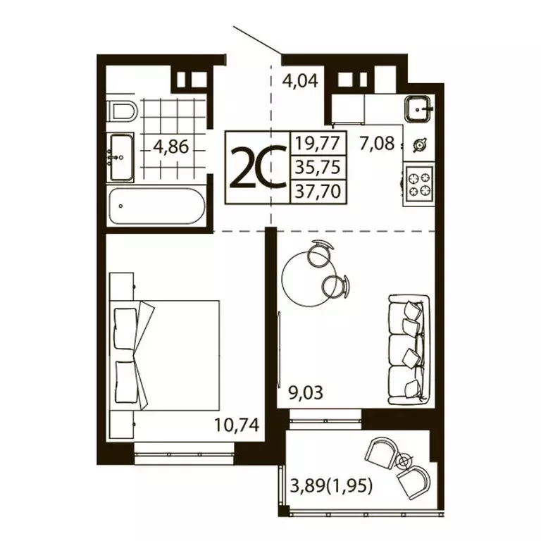2-к квартира, 37.62 м - Фото 0