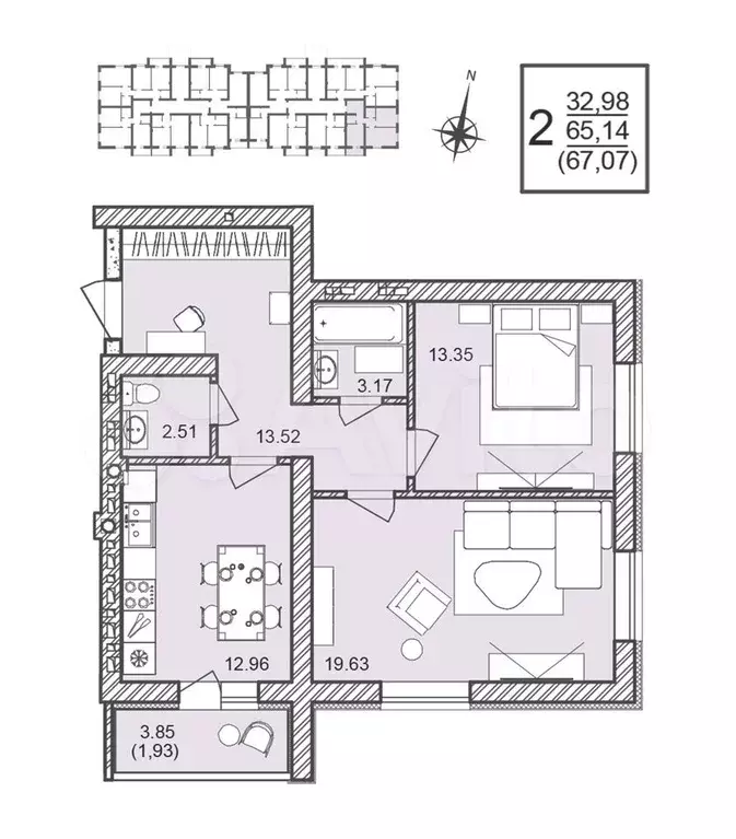 2-к. квартира, 67,1 м, 2/4 эт. - Фото 0