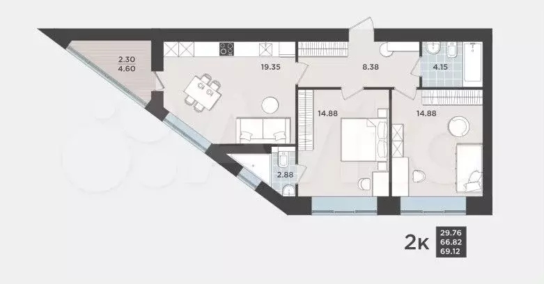 2-к. квартира, 69,1 м, 1/9 эт. - Фото 1