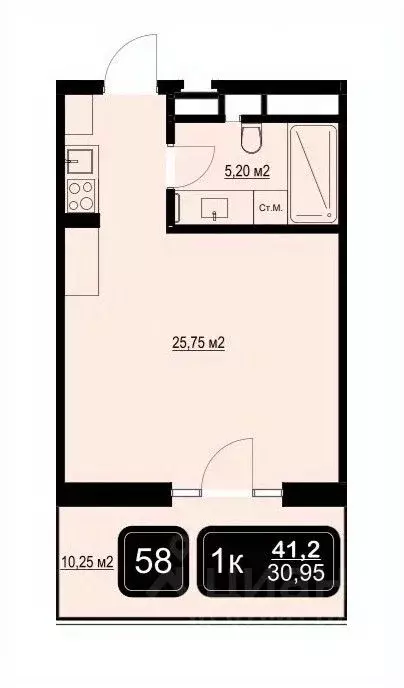 Студия Краснодарский край, Анапа Пионерский просп. (41.2 м) - Фото 1