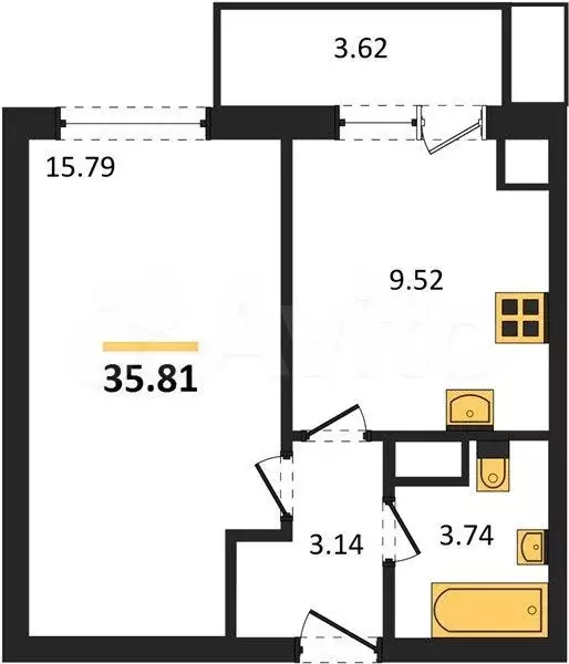 1-к. квартира, 35,8 м, 8/9 эт. - Фото 1