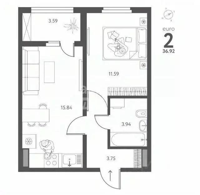 2-к кв. Липецкая область, Липецк ул. Перова, 2Д (36.92 м) - Фото 2