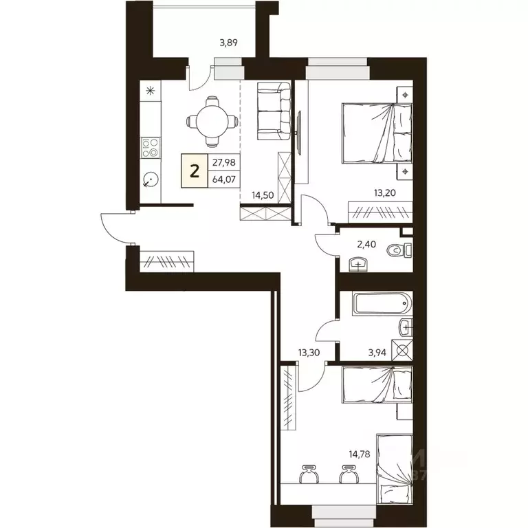 2-к кв. Башкортостан, Уфа ул. Жуковского, 19А (64.07 м) - Фото 0