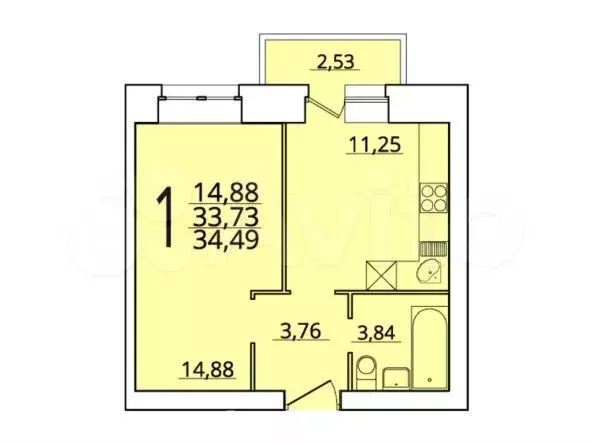 1-к. квартира, 34,5 м, 2/5 эт. - Фото 0