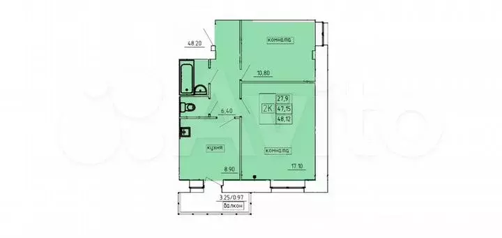 2-к. квартира, 48,1 м, 3/6 эт. - Фото 1