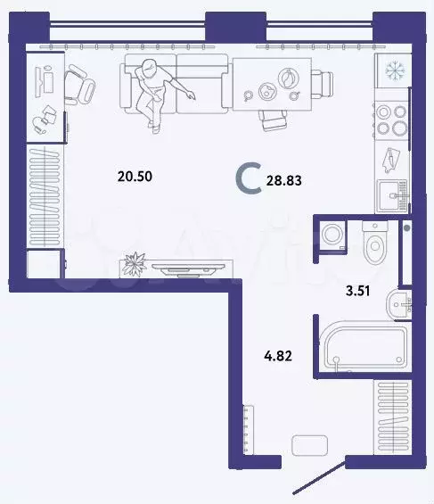 Квартира-студия, 28,8 м, 13/15 эт. - Фото 1