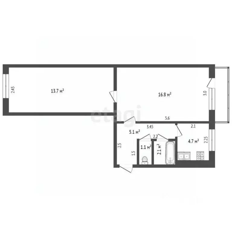 2-к кв. Татарстан, Альметьевск ул. 8 Марта, 9 (43.5 м) - Фото 1